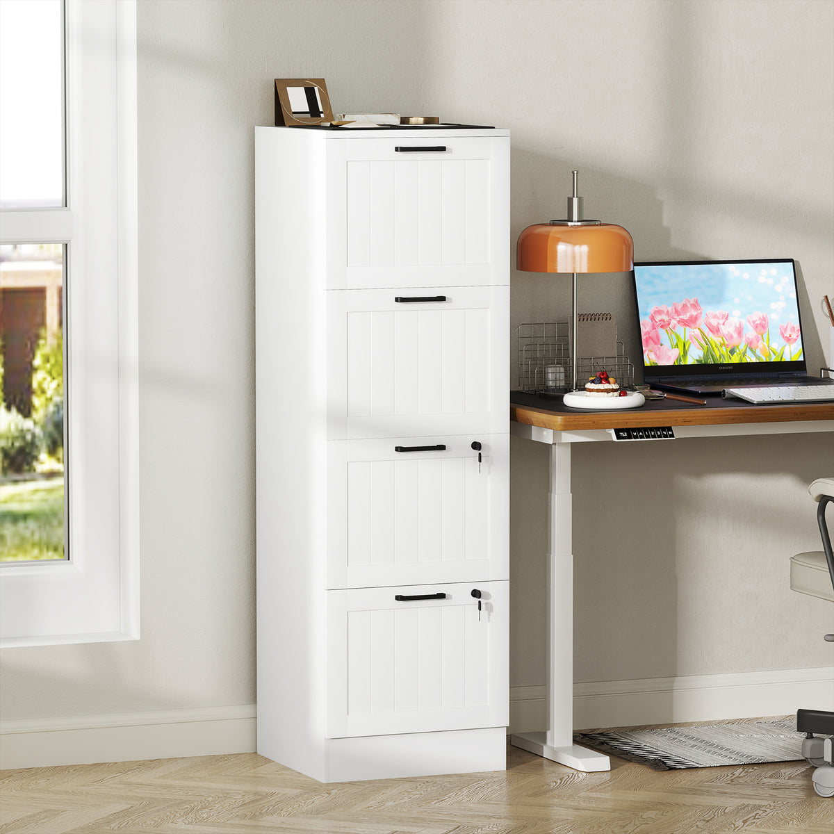 Caisson bureau, meuble rangement bois 4 tiroirs et serrure, barres de suspension réglables, 40 x 40 x 131 cm, blanc