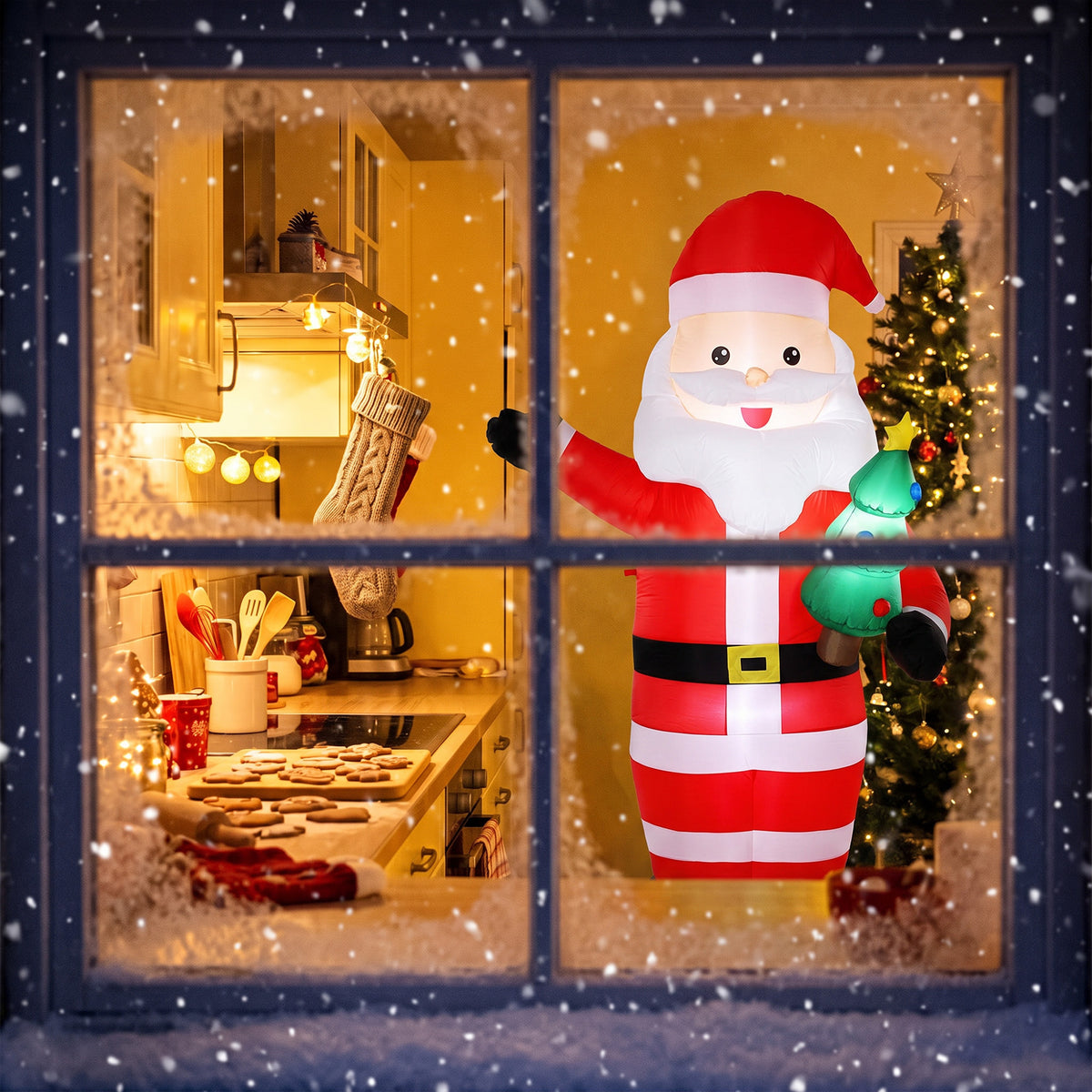 Père Noël Gonflable de 243 cm avec Lumières LED, Matériel Fixation et Souffleur, Intérieur et Extérieur, Rouge
