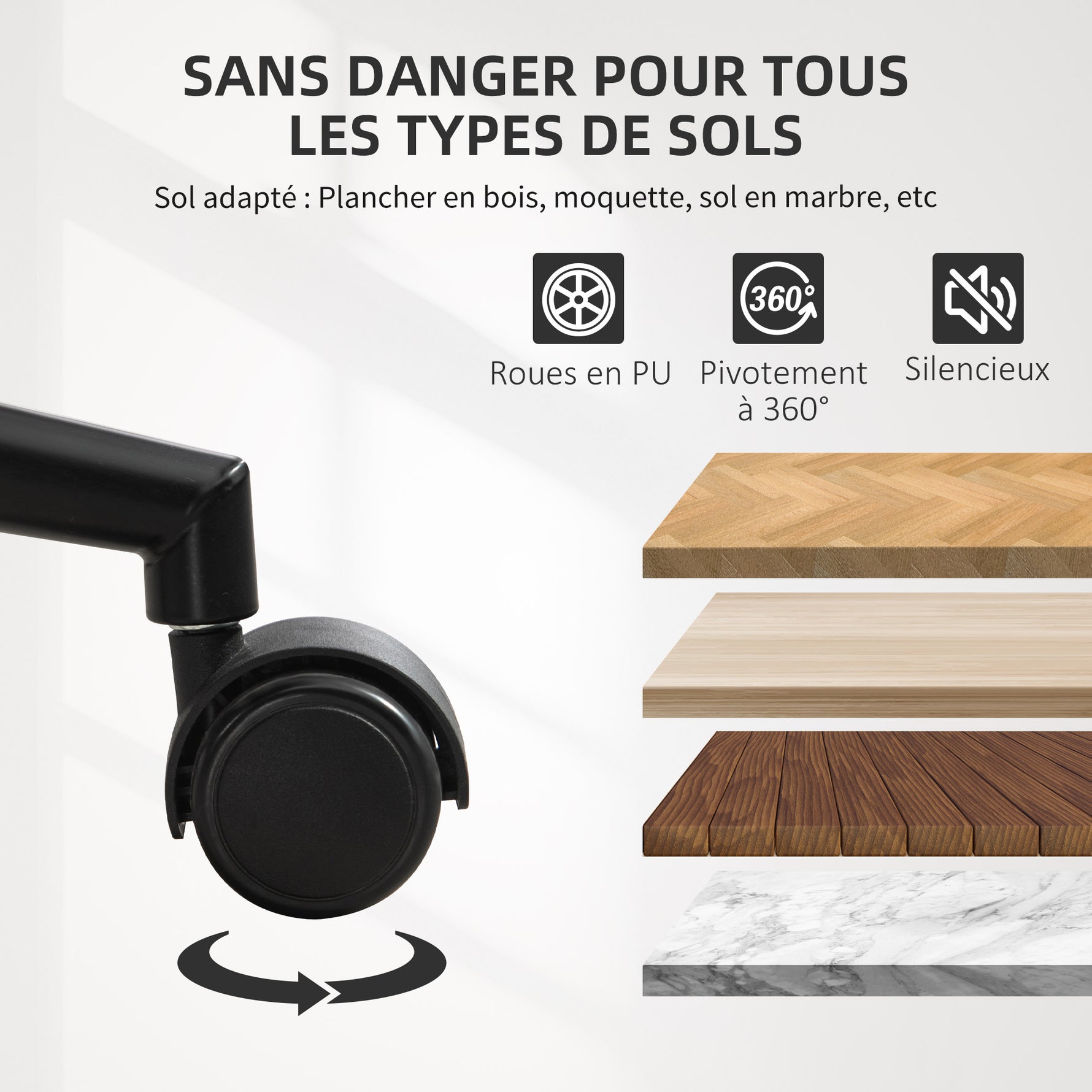 Chaise de bureau sans accoudoirs, fauteuil de bureau ergonomique, hauteur réglable et pivotant 360°, 52x54x84cm, noir