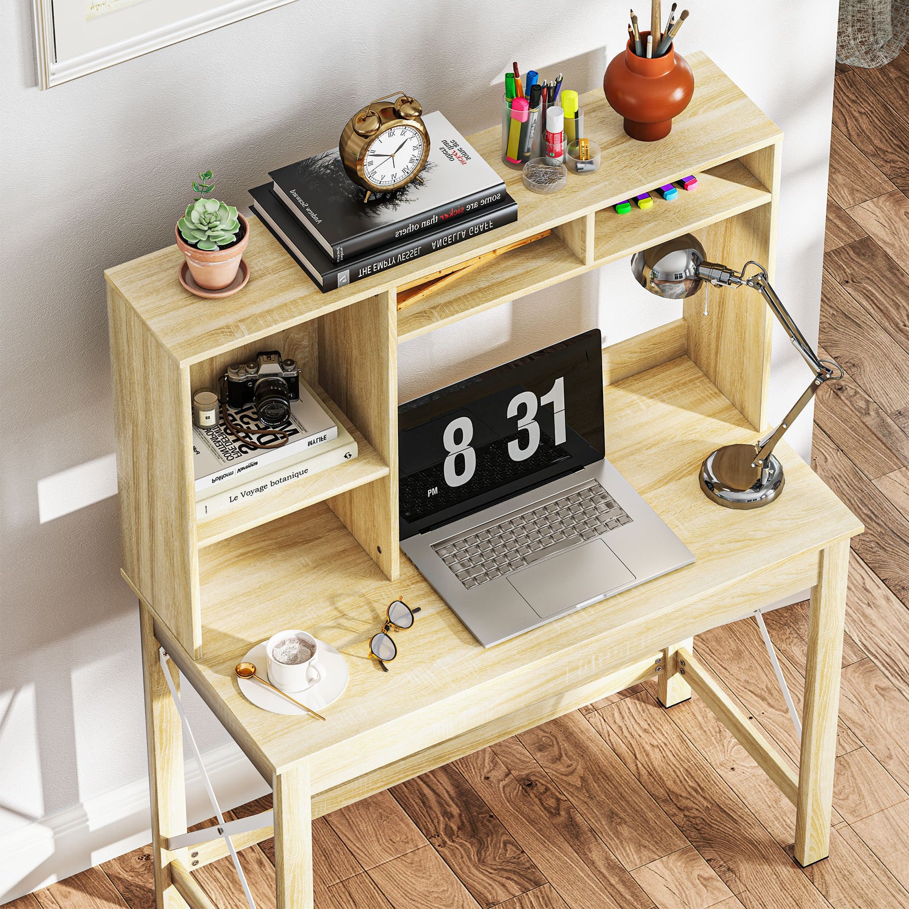 Bureau avec rangement bureau bibliothèque en bois avec étagères et grand plateau pour petits espaces, aspect chêne