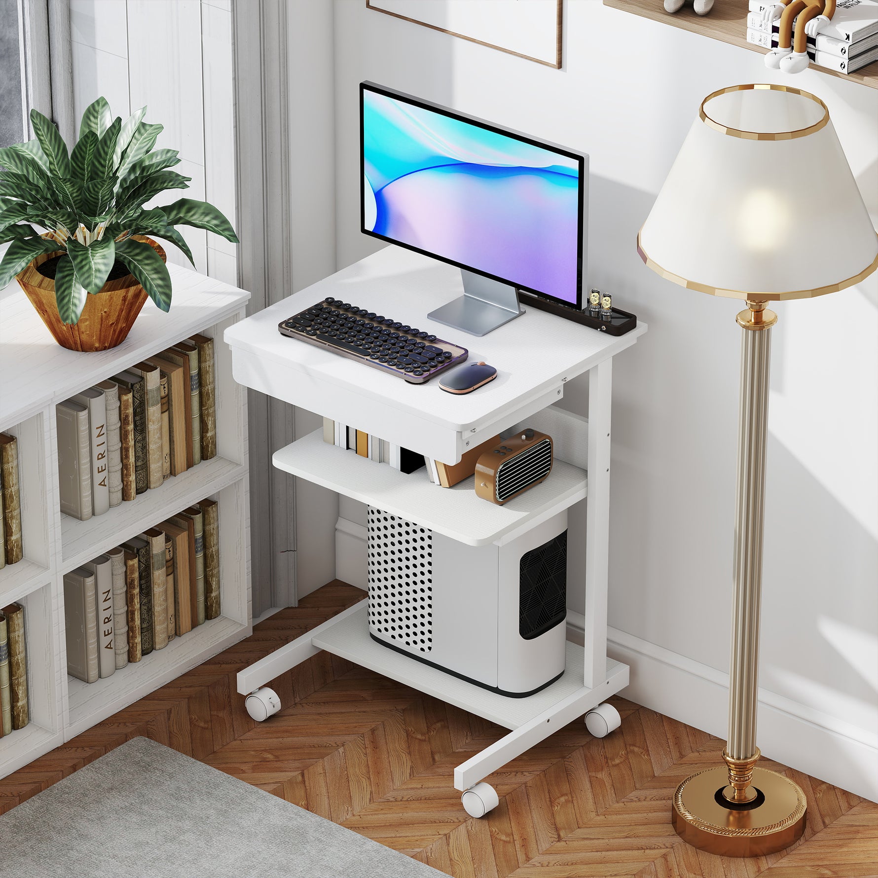 Bureau d'ordinateur sur roues, bureau avec rangement 56 x 51 cm avec tiroir, compartiment et support CPU, blanc