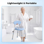 Tabouret de Douche Ronde Pivotant 360°, Hauteur Réglable, Dossier, Pieds Antidérapants, 38,5x37,5x75cm, Bleu Clair