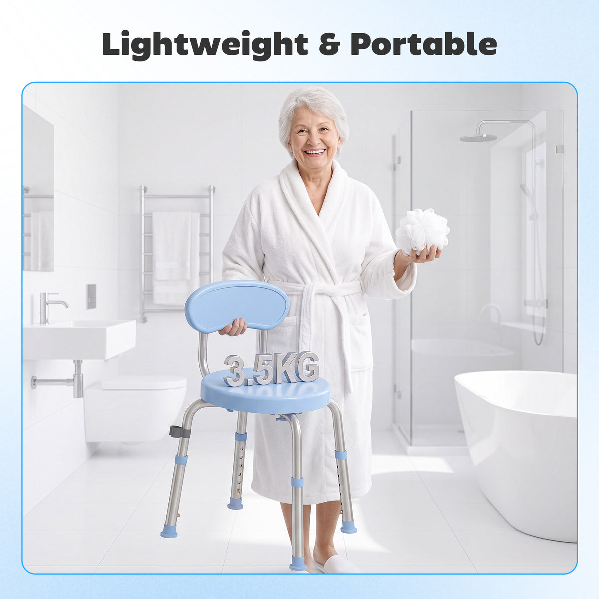 Tabouret de Douche Ronde Pivotant 360°, Hauteur Réglable, Dossier, Pieds Antidérapants, 38,5x37,5x75cm, Bleu Clair