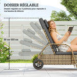 Transat bain de soleil matelas inclinaison réglable multipositions accoudoirs roulettes 200 x 73 x 30-103 cm jaune