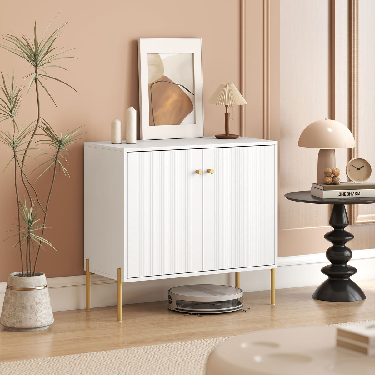 Buffet salon, meuble de rangement avec double porte cannelée, étagère réglable, pieds en acier, 80 x 39,1 x 76 cm, blanc
