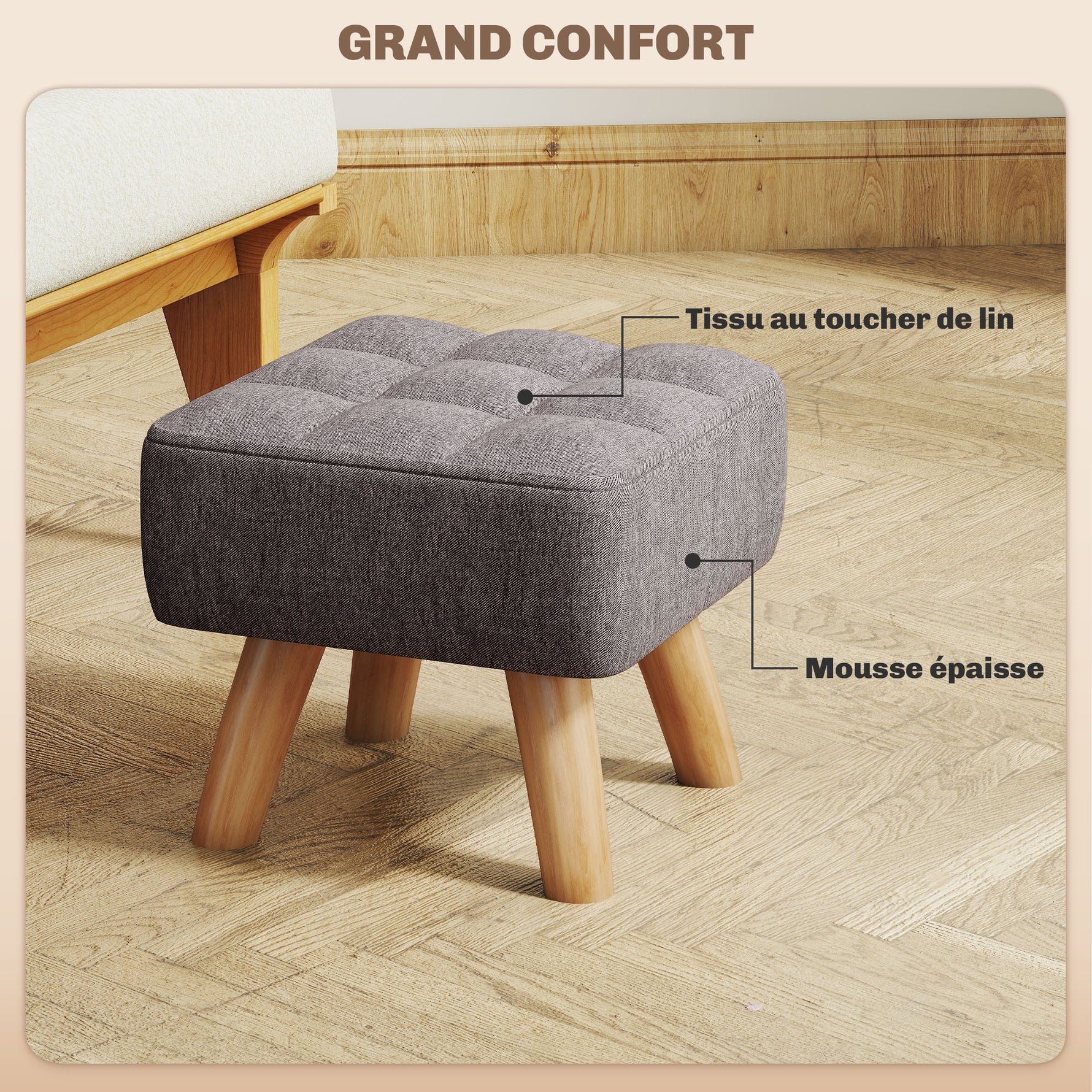Repose pied salon ottoman siège rembourré en tissu avec pieds en bois 27 x 27 x 26 cm gris