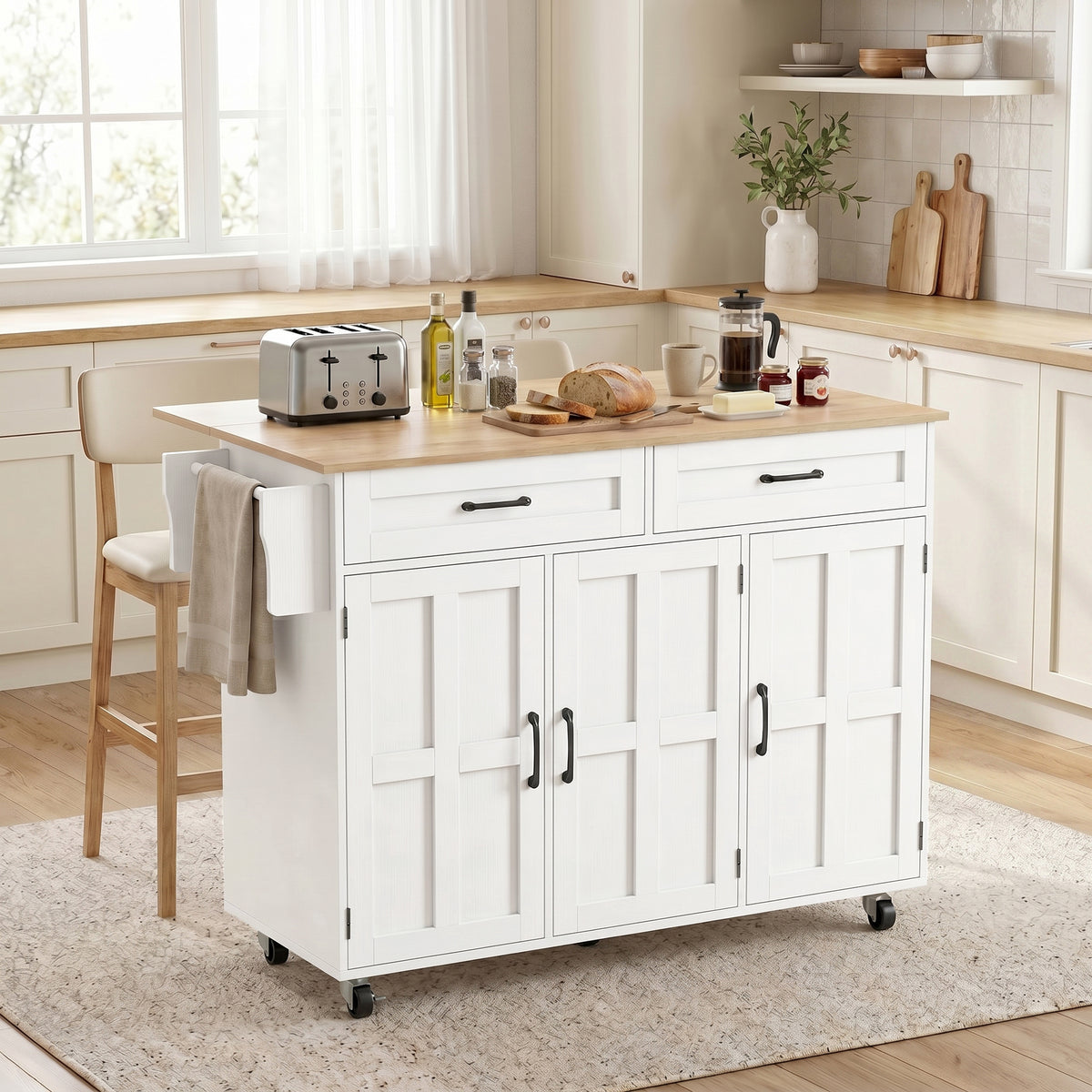 Îlot de cuisine avec plateau rabattable, chariot à roulettes 2 tiroirs, 3 portes, porte-racks et porte-serviettes, blanc