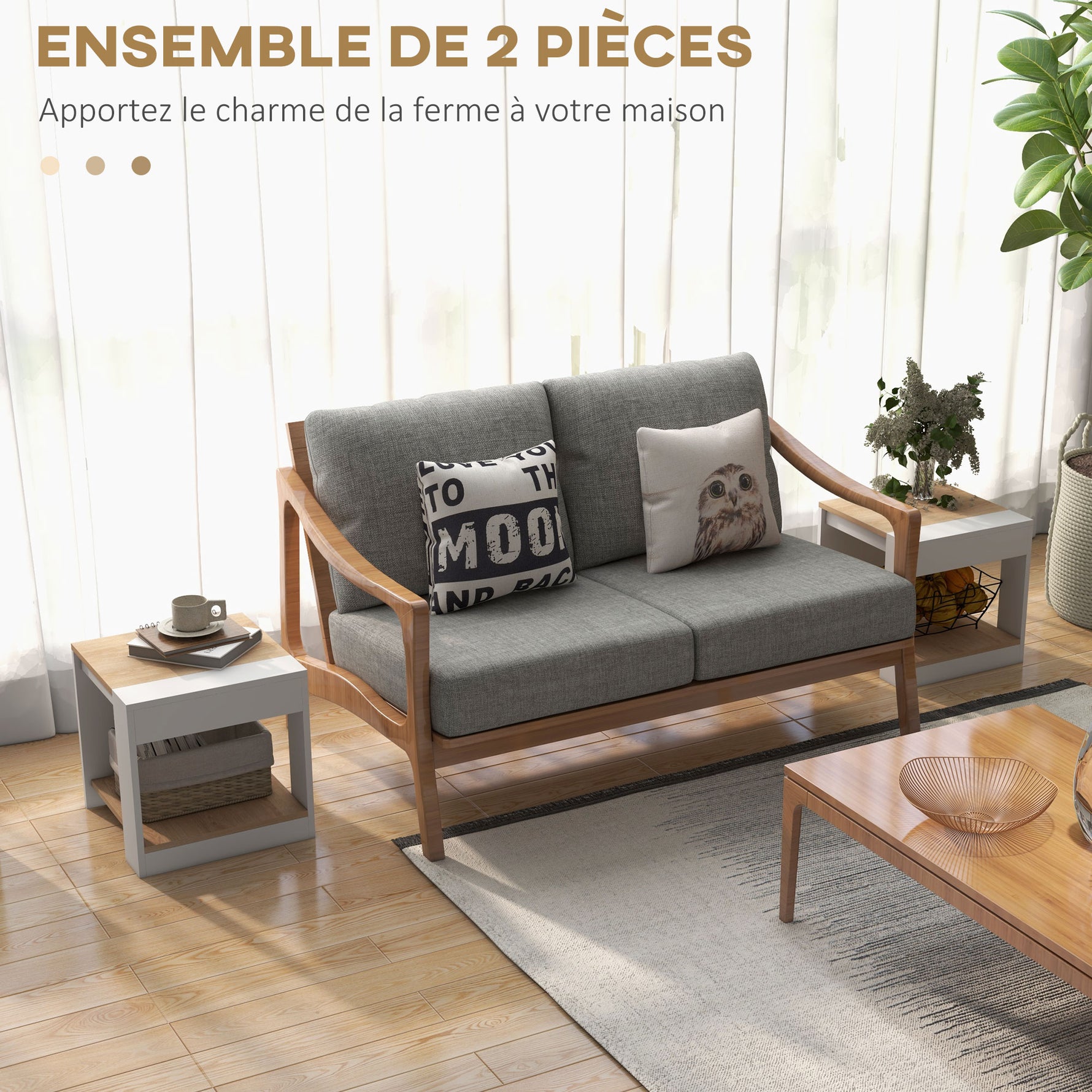 Lot de 2 tables d'appoint bout de canapé table de chevet 40 x 40 x 45 cm - blanc et naturel