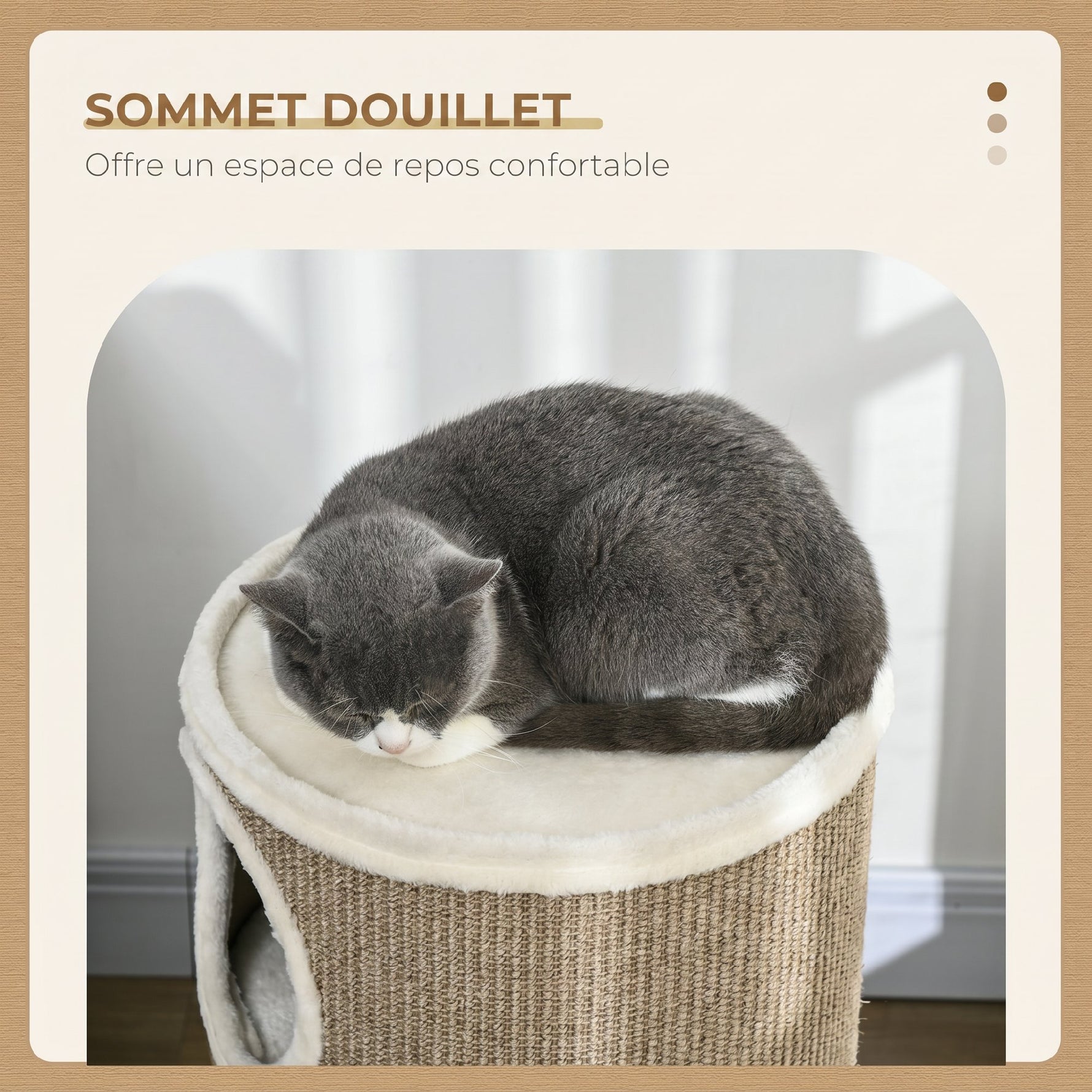 Tonneau à Gratter pour Chat, Tour à Griffer en Sisal à 3 Niveaux Recouvert de Peluche, Ø 38 x 70 cm, Marron