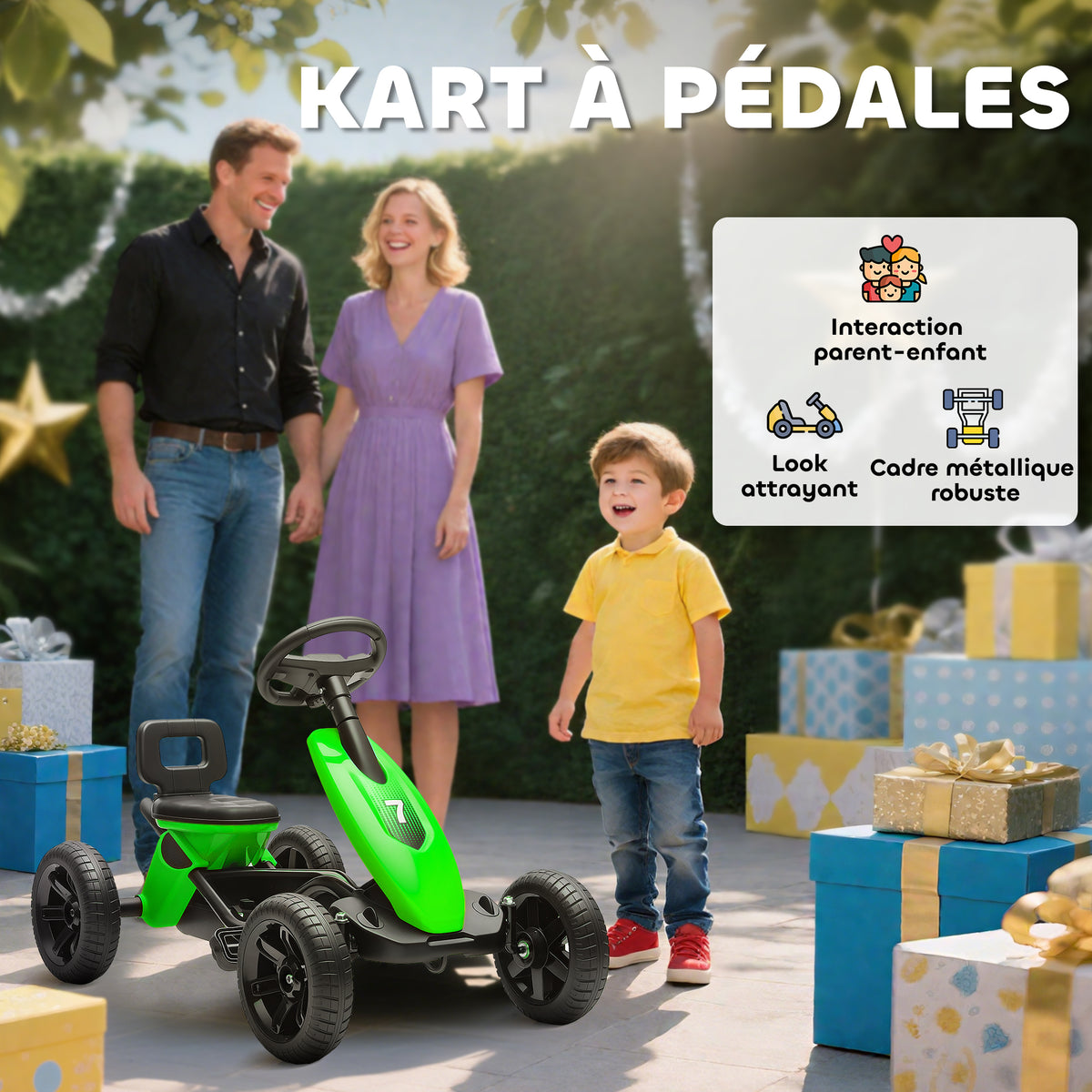 Kart à pédales pour enfants, karting enfant de 2 à 5 ans avec roues EVA silencieux, avancer et reculer, vert
