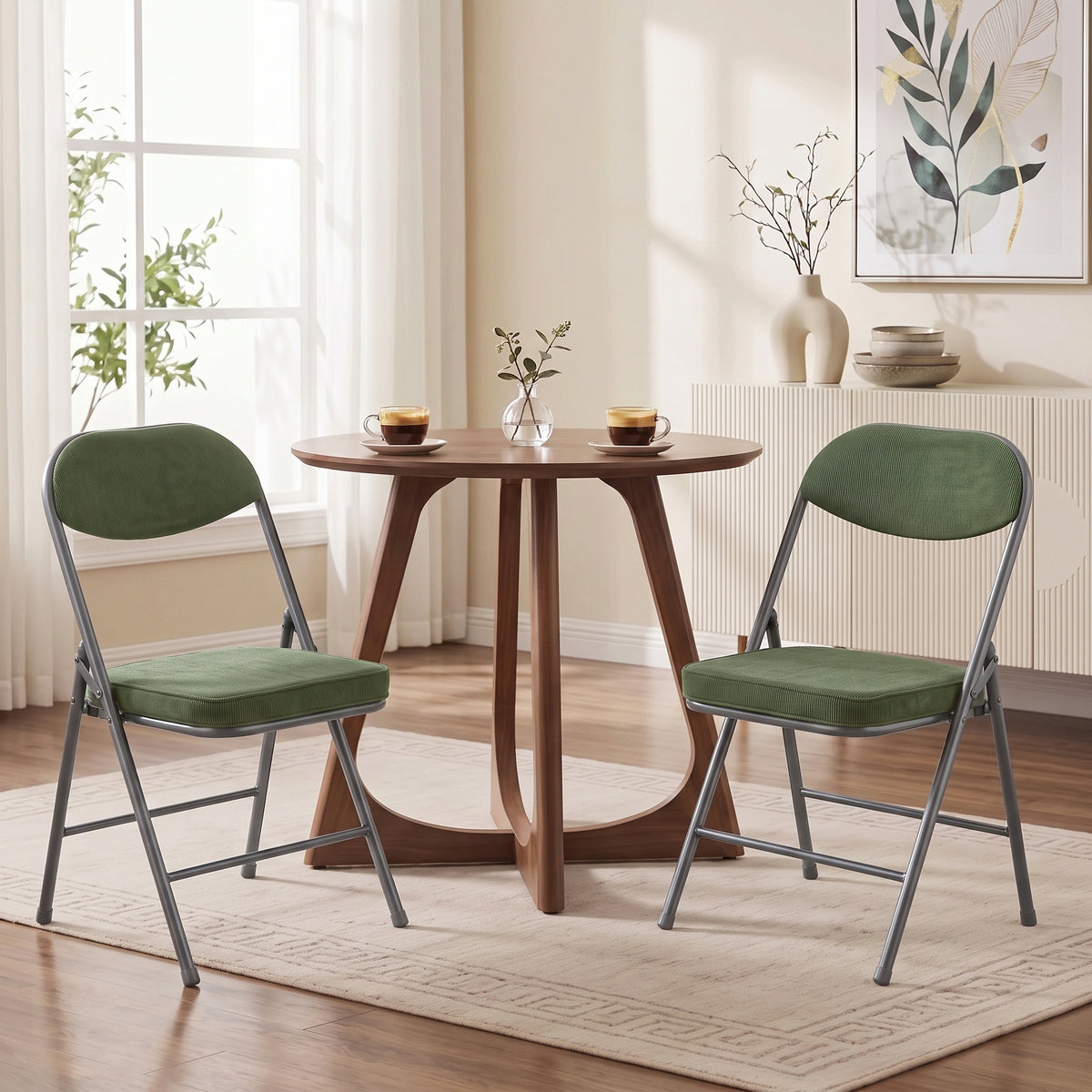Lot de 2 chaises pliantes chaises de salle à manger portables avec assises et dossiers rembourrés en velours côtelé vert