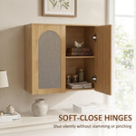 Armoire murale de salle de bain bohème avec 2 portes effet rotin à fermeture douce et étagère réglable, chêne
