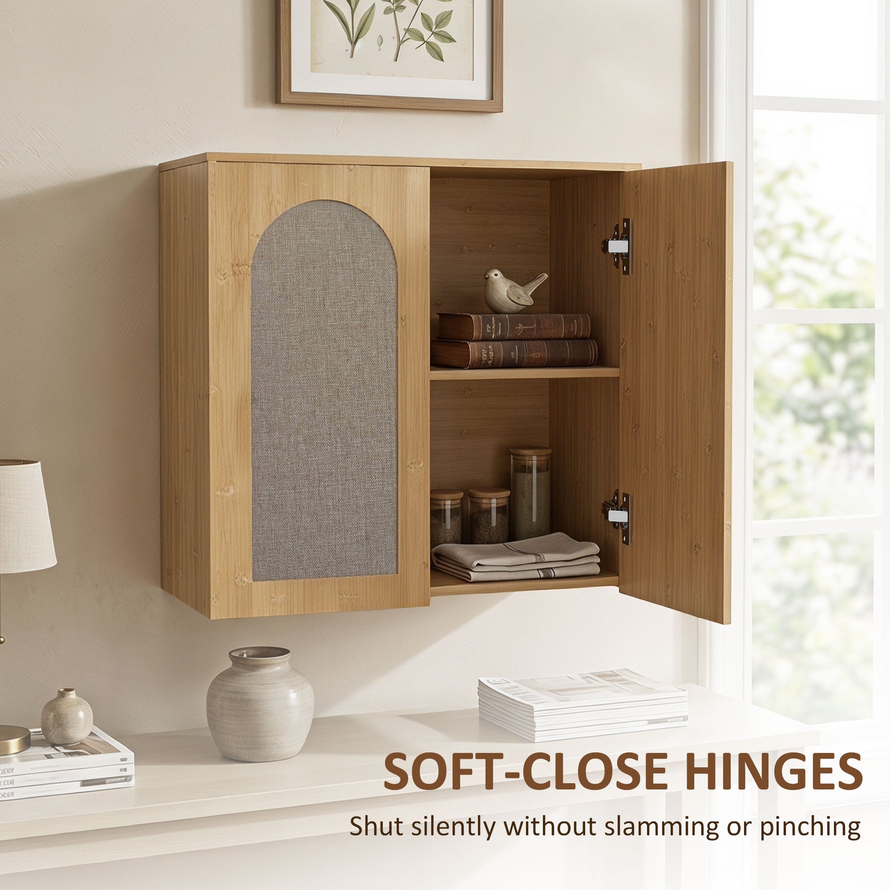 Armoire murale de salle de bain bohème avec 2 portes effet rotin à fermeture douce et étagère réglable, chêne