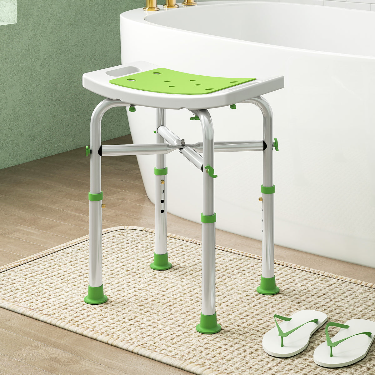 Tabouret de douche chaise de douche - assise rembourré et réglable, patins à ventouses antidérapants, en aluminium vert