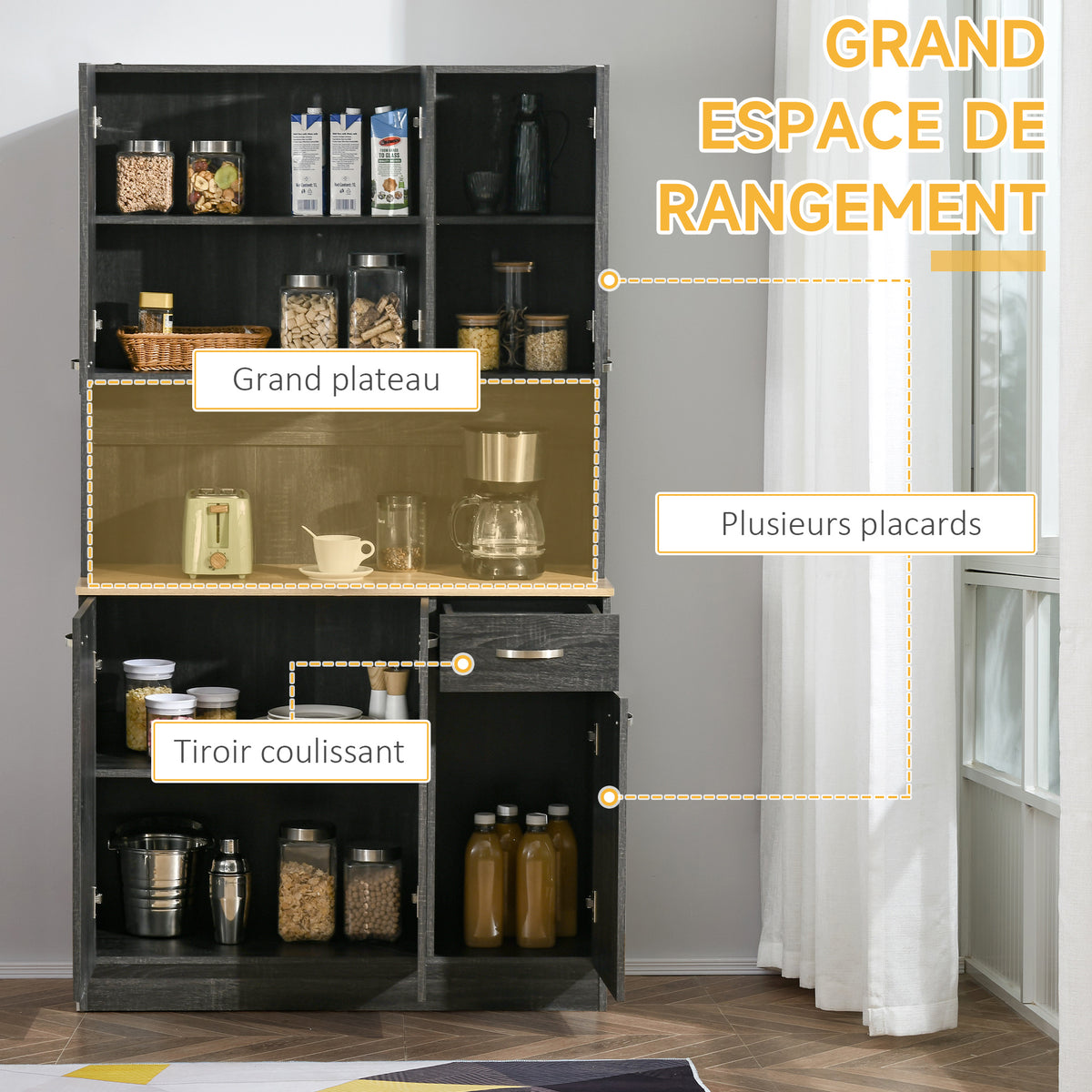 Buffet de cuisine armoire de cuisine contemporaine multi-rangements 6 portes 1 tiroir + grand plateau