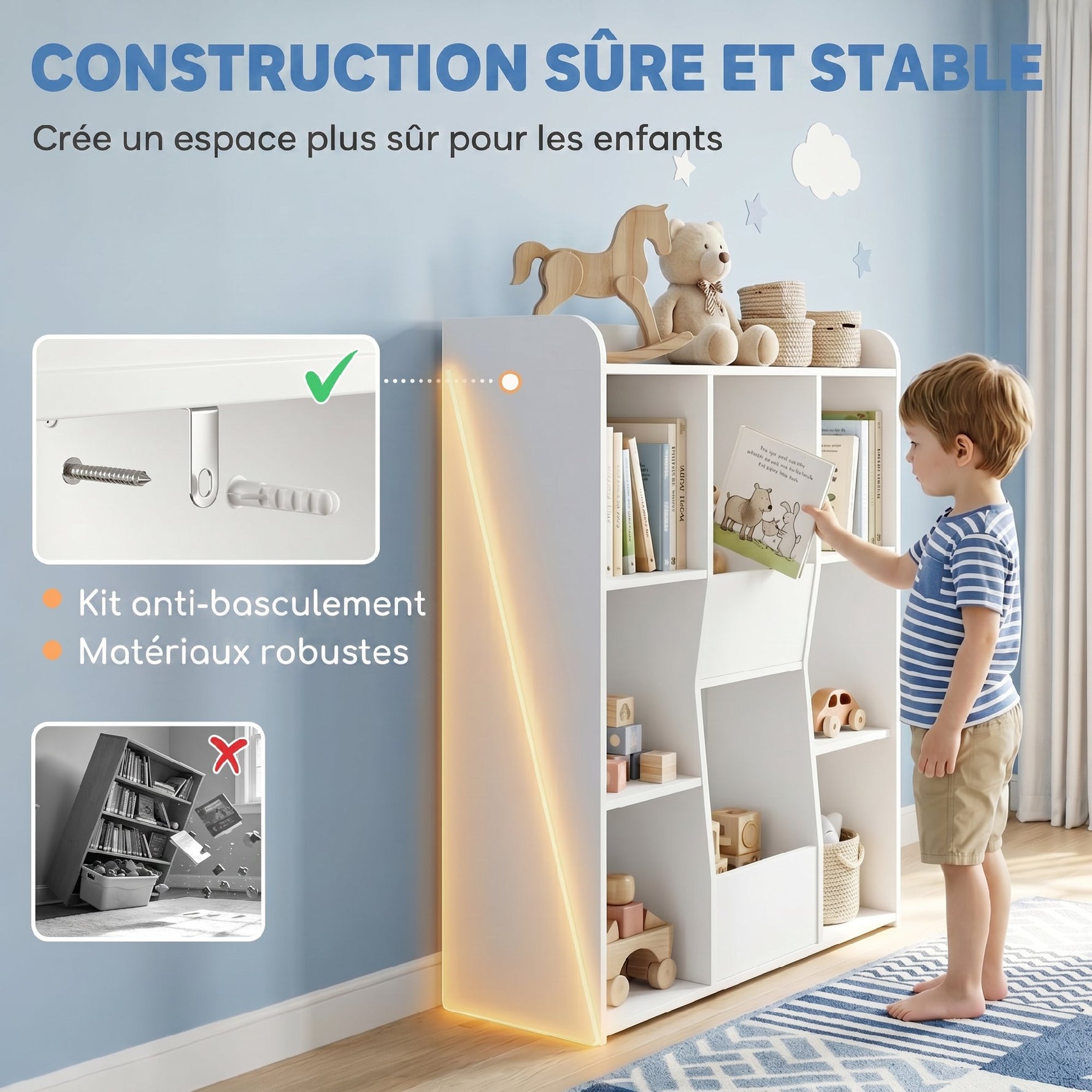 Meuble rangement enfant, bibliothèque enfants avec 8 compartiments et étagère supérieure, 104 x 29 x 101,5 cm, blanc