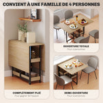 Table à manger pliante sur roulettes 4 personnes avec compartiments ouverts, pour petits espaces, salle à manger, chêne