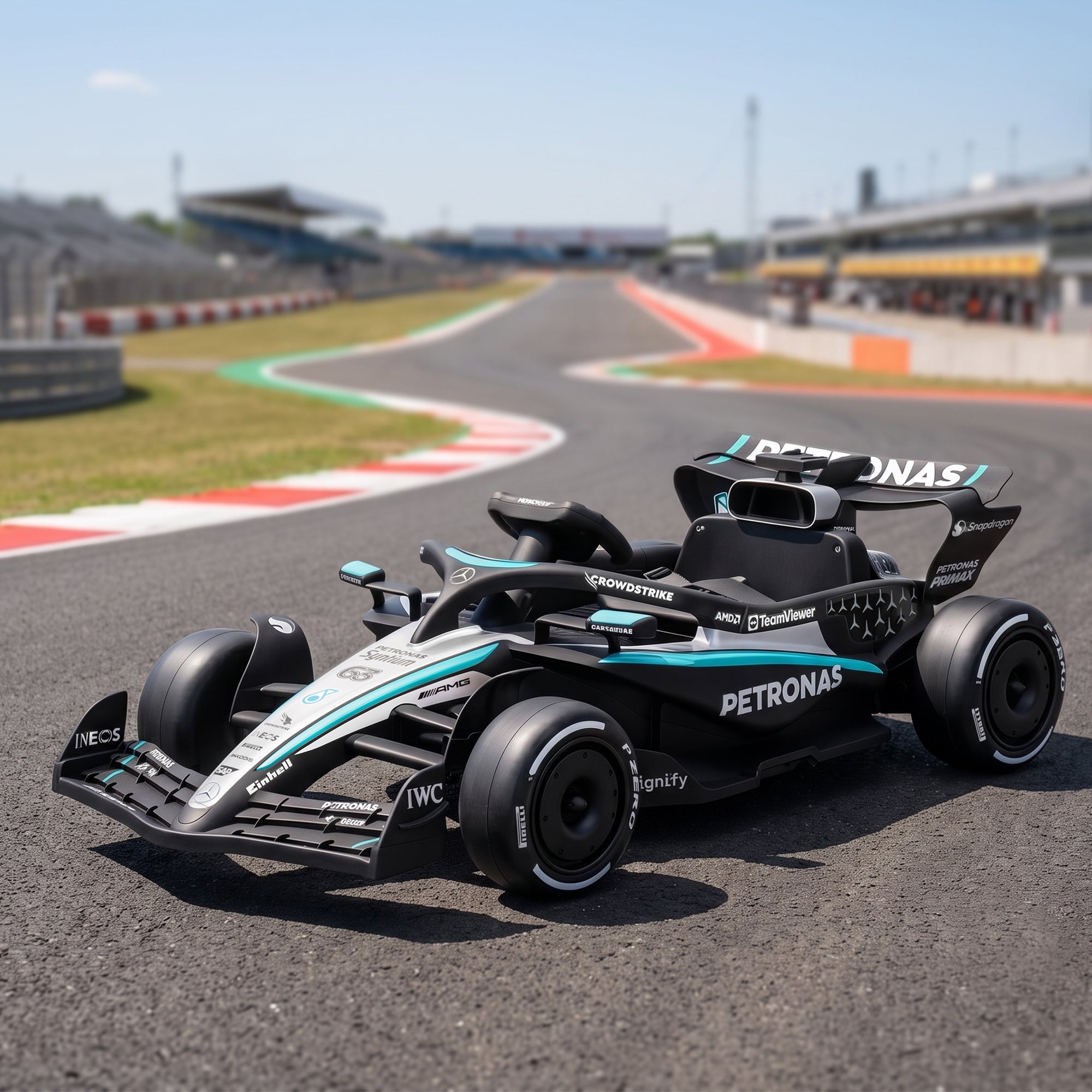 Elektrisches Kinder-Kart 12V, Mercedes-AMG PETRONAS F1 Go-Kart mit 2 Motoren, Fernbedienung, 3 Geschwindigkeitsstufen, Schwarz