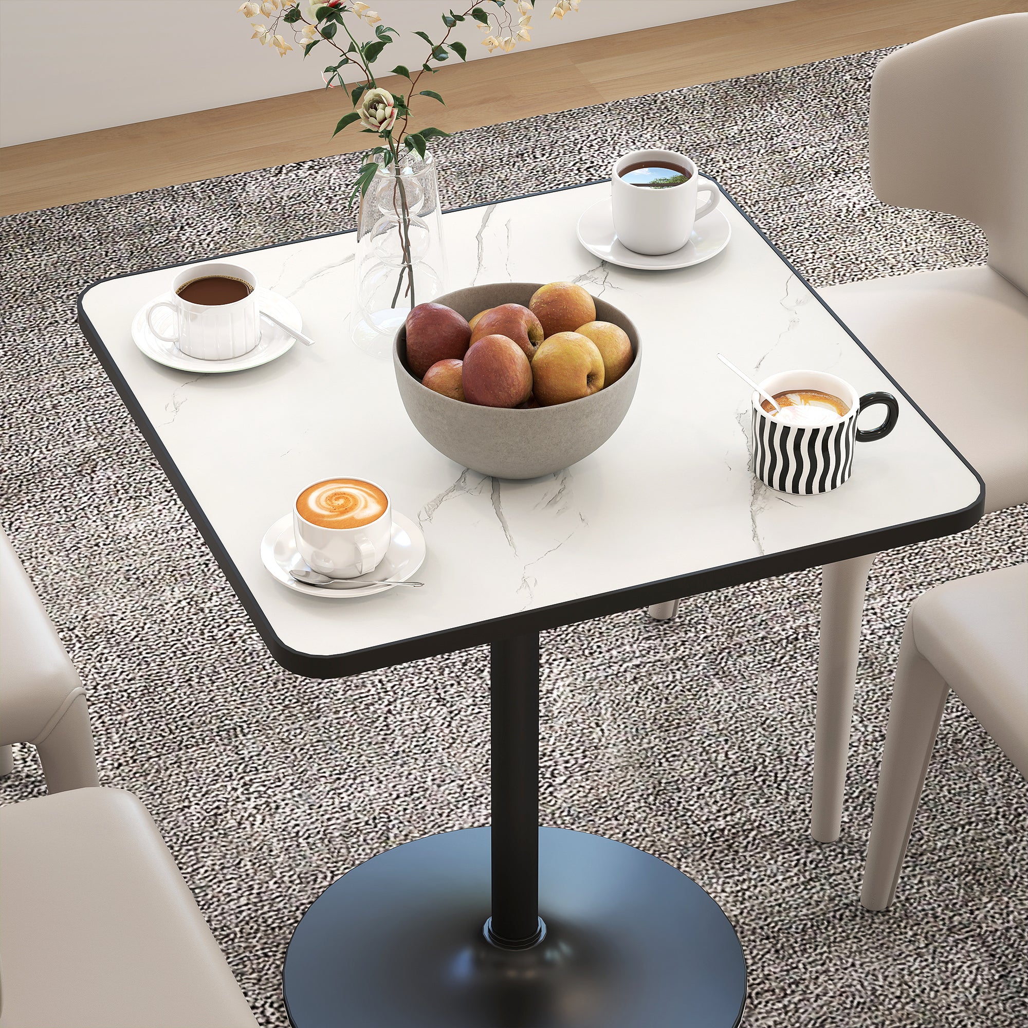 Tavolo da pranzo per 4 persone, tavolo da cucina stile moderno con piano effetto marmo e base rotonda, 70 x 70 cm, bianco