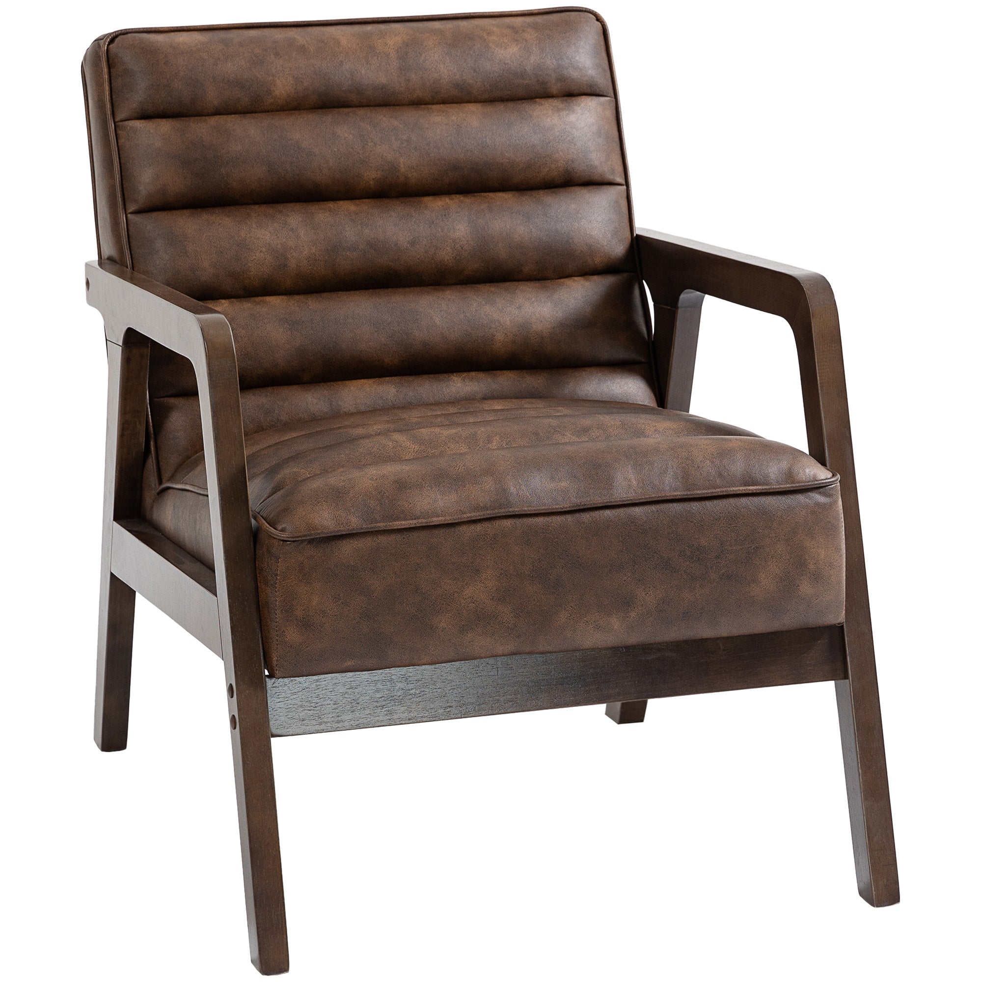 Living room armchair, PU upholstered accent chair with wide seat, thick cushion and solid wood frame, brown