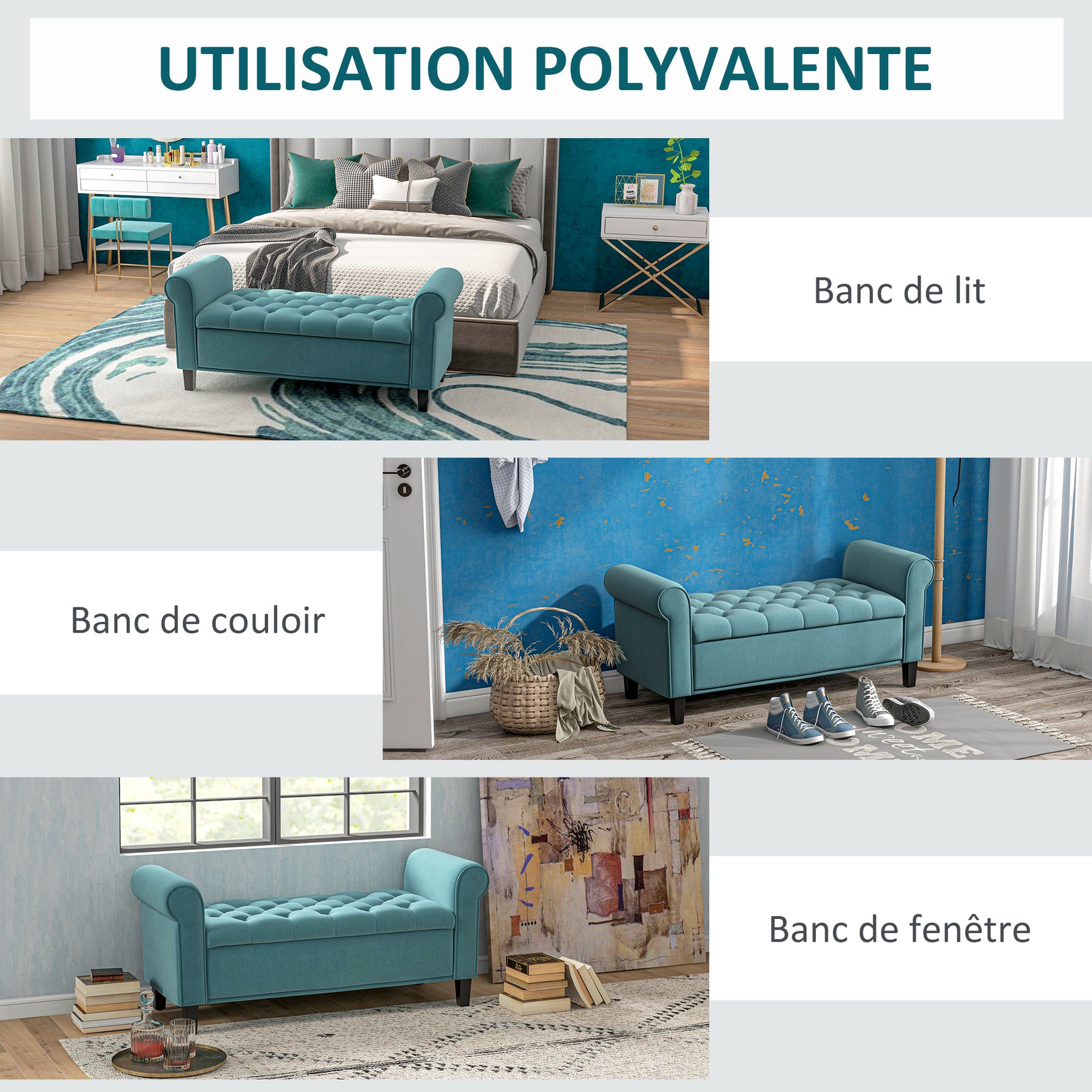 Banc de rangement bout de lit avec accoudoirs, tissu velours rembourré et capitonné, 126 x 48,5 x 57 cm, vert