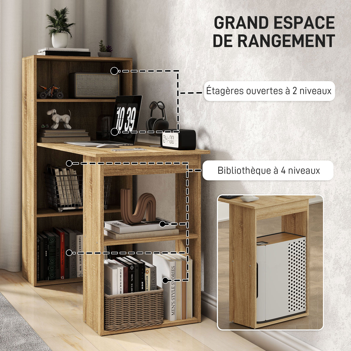 Bureau Informatique avec étagère de rangement Bureau d'angle bibliothèque adjacente Multi-rangements Chêne