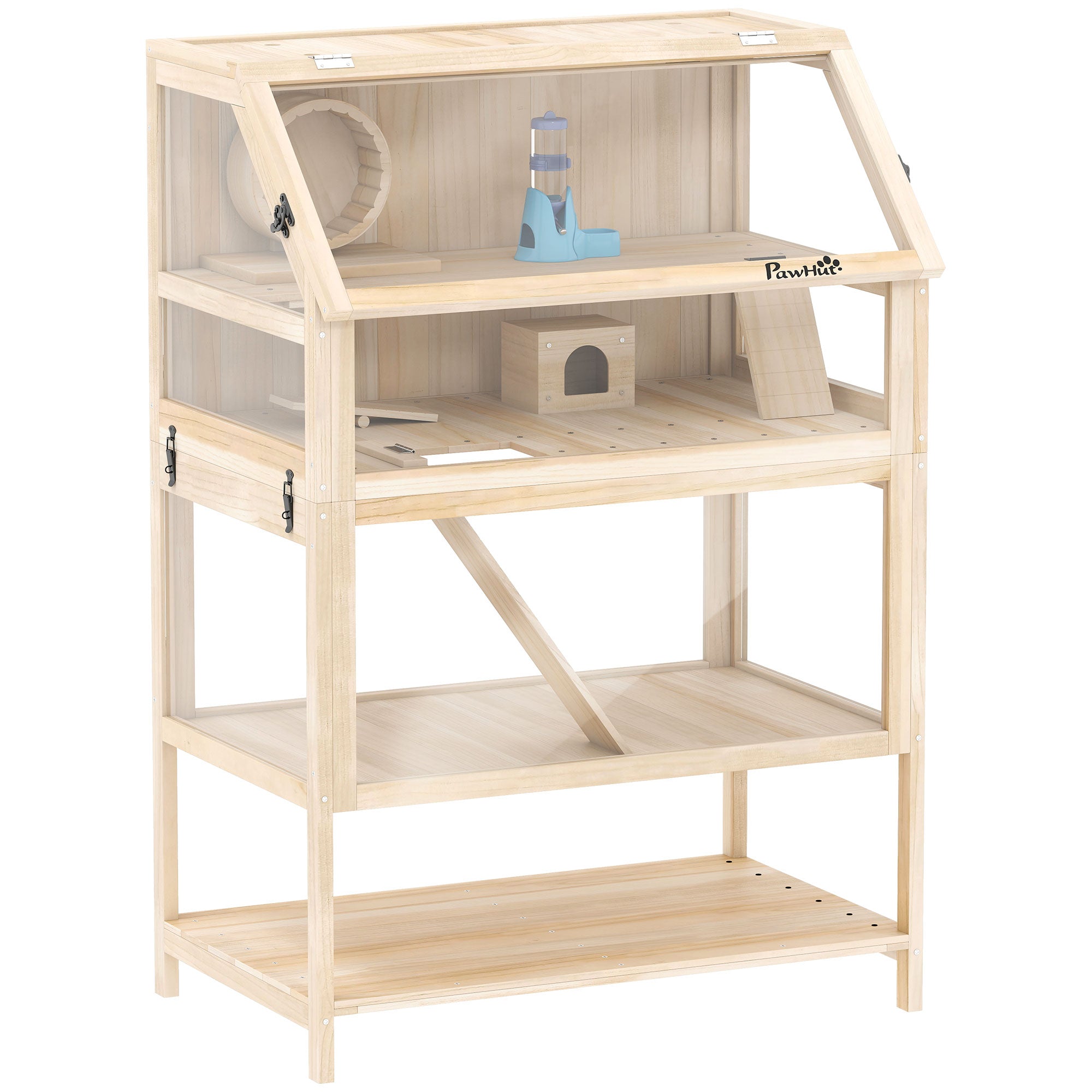 Jaula para hámster, hábitat para roedores de 3 niveles con panel acrílico y rueda, 80x53x117 cm, efecto madera natural