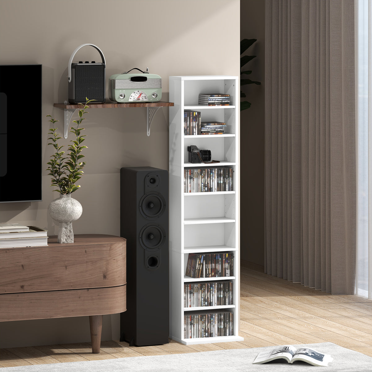Rangements pour CD et DVD 9 compartiments et 6 étagères réglables capacité max. 260 CD/120 DVD 33 x 24 x 140 cm blanc