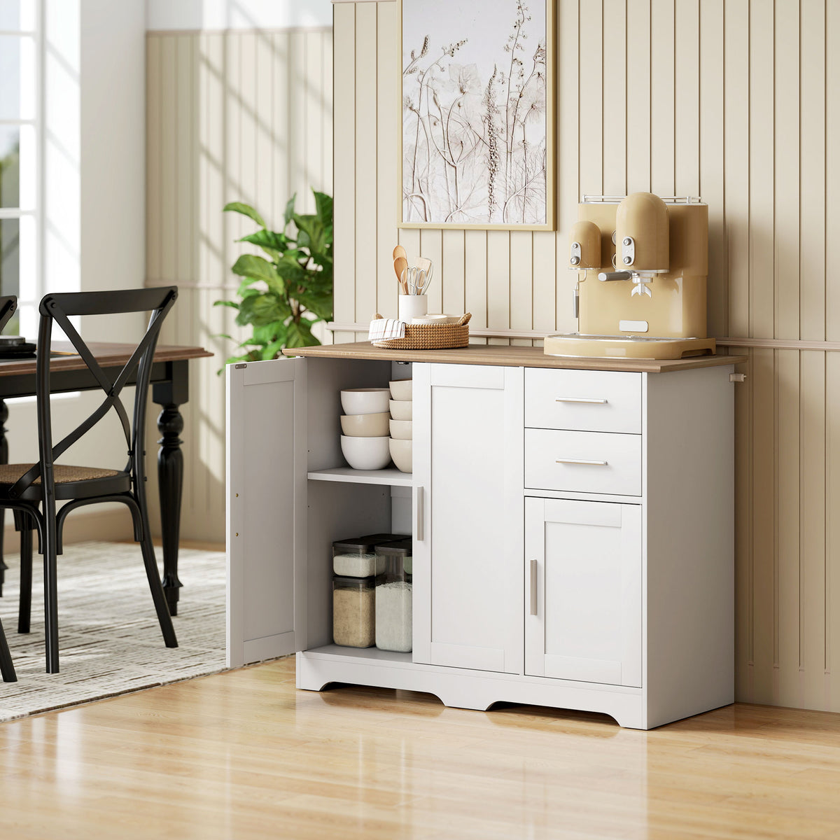 Buffet salon, meuble de rangement avec 2 tiroirs, 3 portes et étagère réglable, 100 x 40 x 78 cm, blanc et bois naturel