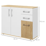 Buffet, meuble de rangement avec 3 portes, 2 tiroirs et étagère réglable, 90 x 30 x 75,5 cm, blanc et bois naturel