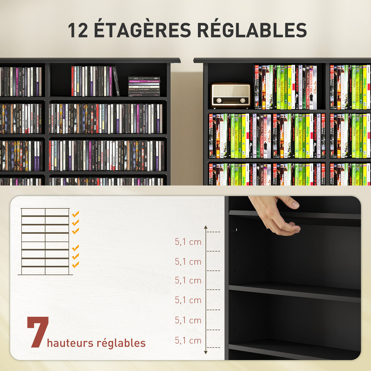 Rangements pour CD et DVD avec 16 compartiments et 12 étagères réglables capacité max. 720 CD/396 DVD et Blu-ray noir