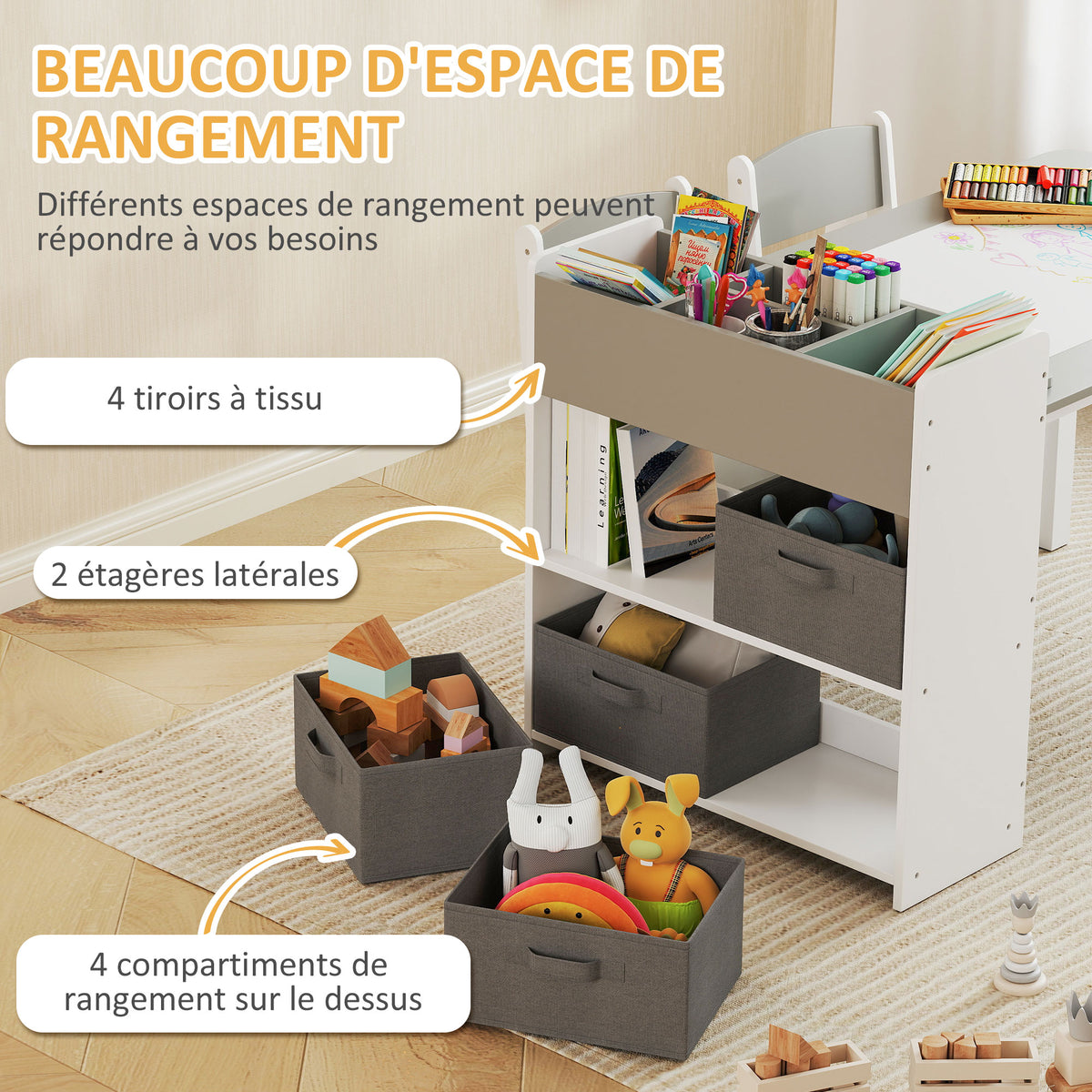 Conjunto de mesa y 2 sillas infantiles de madera con rollo de papel, estantes y cajones, para niño y niña de 3 a 8 años, gris