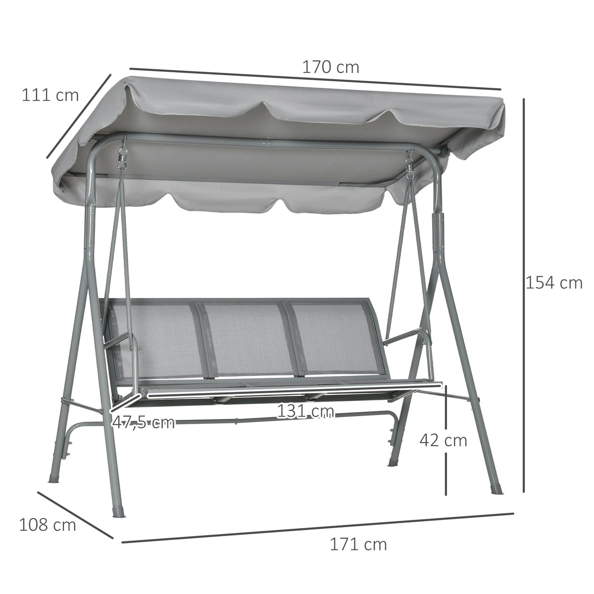 Balançoire de jardin 3 places Hollywoodschaukel avec toit en métal gris+argent 170 x 110 x 153 cm