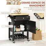 Carrello da cucina con ruote, carrello di servizio, piano di lavoro in legno di gomma, cassetto, 63,5 x 40 x 90 cm, nero