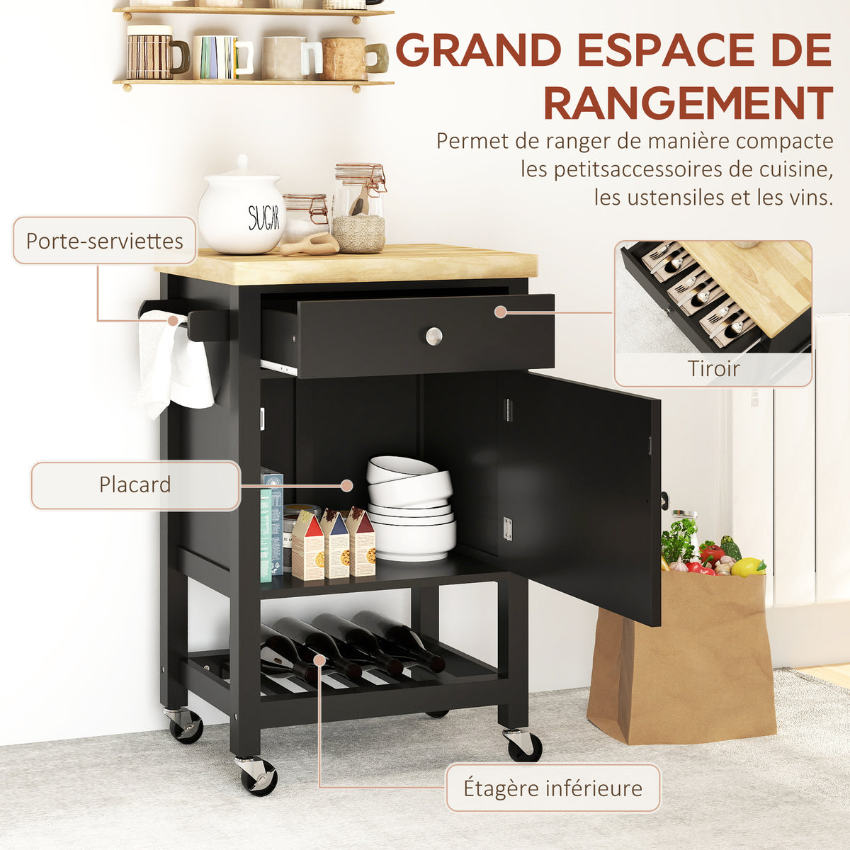 Carrello da cucina con ruote, carrello di servizio, piano di lavoro in legno di gomma, cassetto, 63,5 x 40 x 90 cm, nero