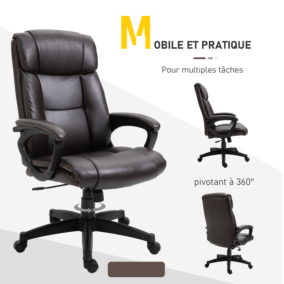 Bureaustoel ergonomische bureaustoel verstelbaar zwenkwielen 360° draaibaar PU-kunstleer bekleding 64 x 73 x 106-115,5 cm chocolade