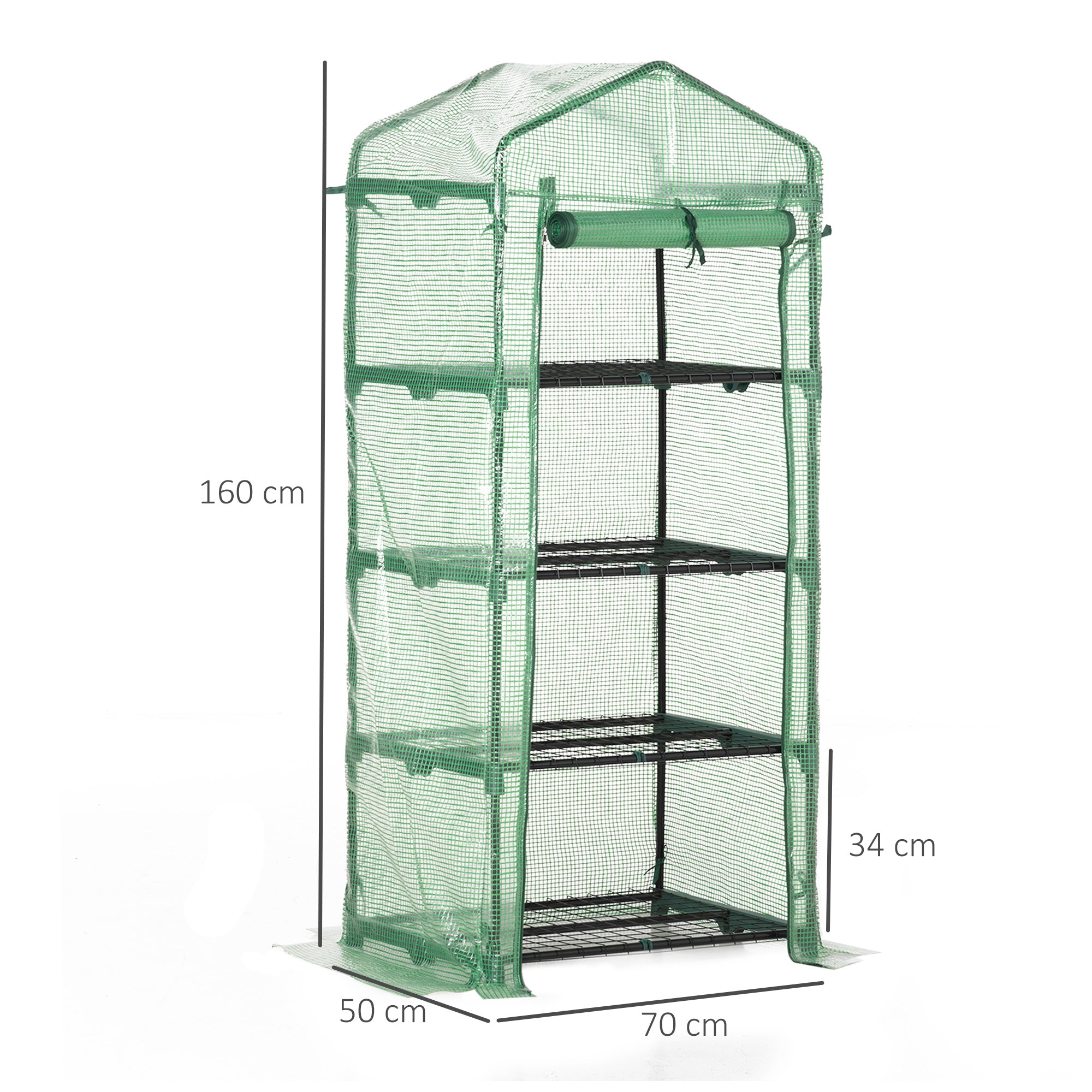 Serre de Jardin PE avec Étagères 4 Niveaux, Serre de Balcon, Bâche Renforcée 140g/m², Châssis en Acier, Porte Zippée Enroulable, pour Légumes et Plantes, Extérieur, 70x50x160cm, Vert