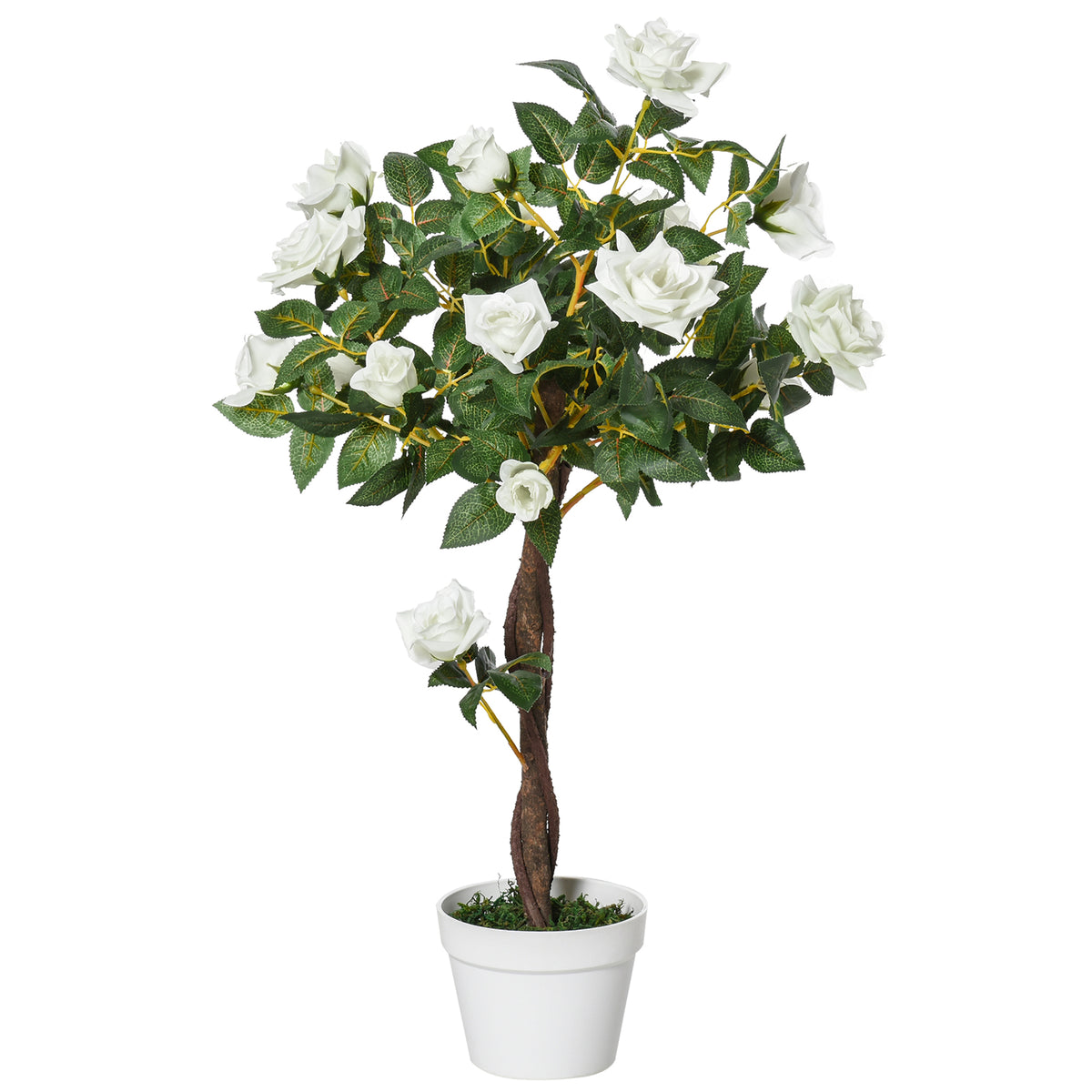 Arbre à Roses Artificiel 90 cm en Plastique, 21 Fleurs, 350 Feuilles en Tissu, Pot, Facile à Entretenir, Blanc
