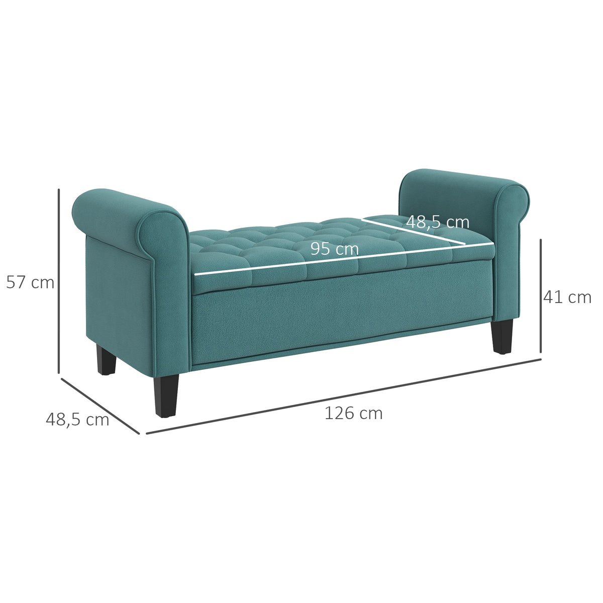 Banc de rangement bout de lit avec accoudoirs, tissu velours rembourré et capitonné, 126 x 48,5 x 57 cm, vert