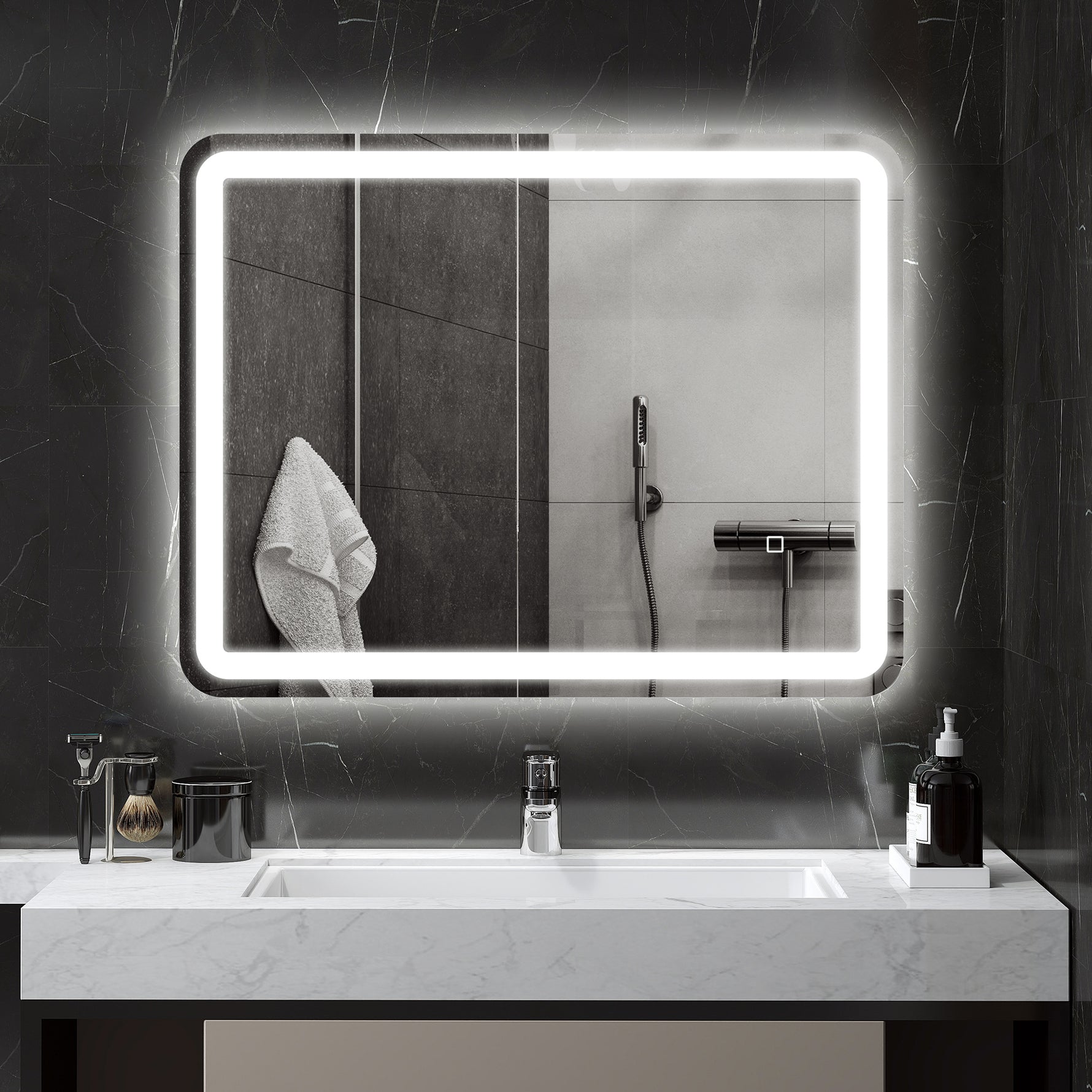 Miroir de salle de bain rectangulaire LED fonction anti-buée luminosité réglable fonction mémoire 70 x 90 cm argent