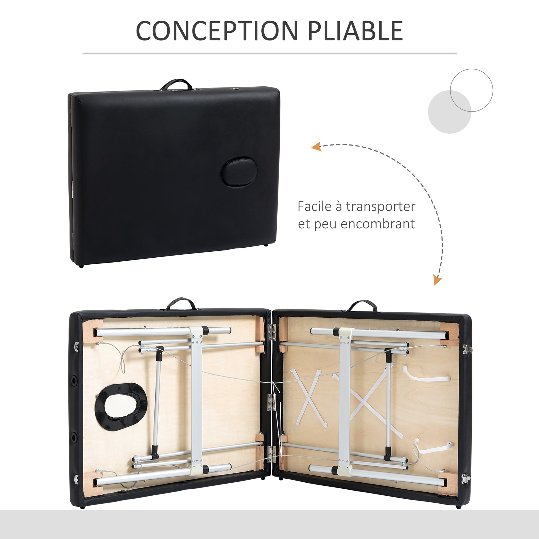 Table de massage pliable portable + housse de transport charge max. 225 Kg hauteur réglable 210 x 90 cm noir