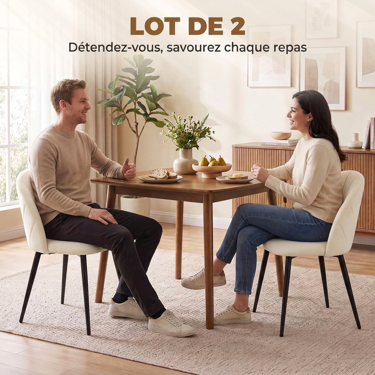 Lot de 2 chaises de salle à manger, chaises de cuisine rembourrées sans accoudoirs, pieds en acier, 52x55x79cm, crème
