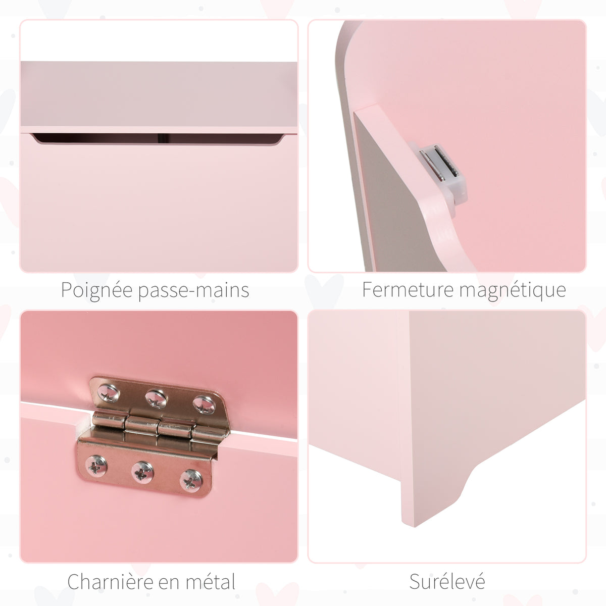 Coffres à Jouets pour Enfants Boîte à Jouets Malle de Rangement Dim. 60L x 40l x 48H cm Vérin Pneumatique MDF Rose