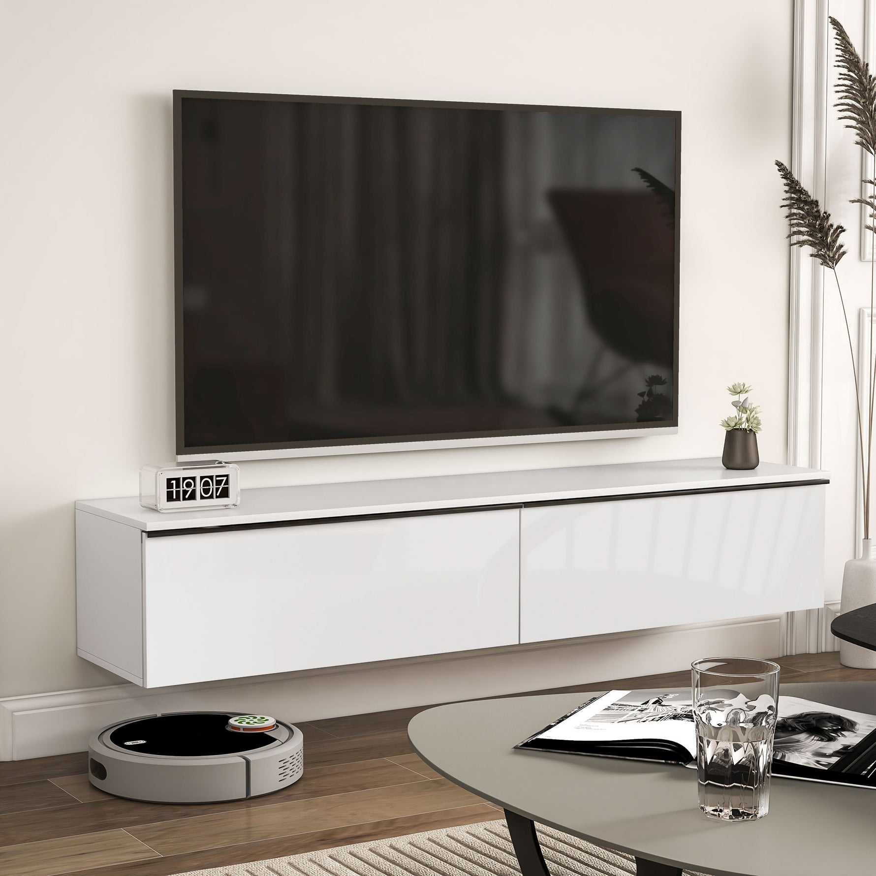 Meuble TV suspendu avec placard, pour téléviseurs jusqu'à 70 pouces, effet brillant, blanc