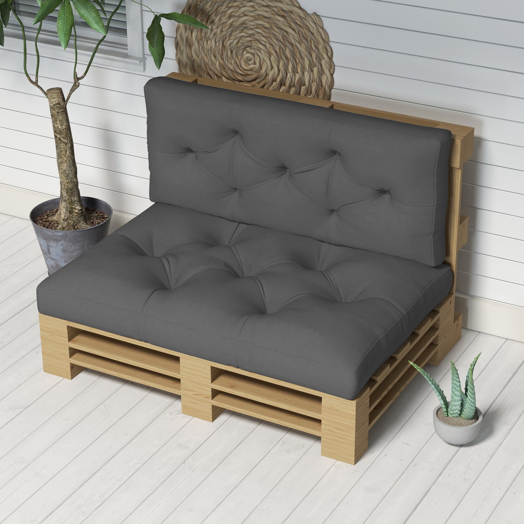 Ensemble de 2 coussins pour canapé palette 2 places dim. 120L x 80l x 12H cm Polyester gris