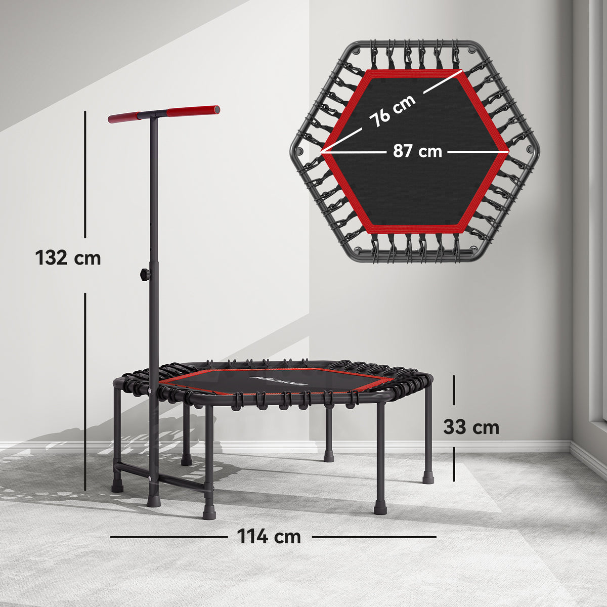 Trampoline de fitness 114 cm, cordes élastiques, poignée réglable 3 positions, trampoline d'exercice silencieux, rouge