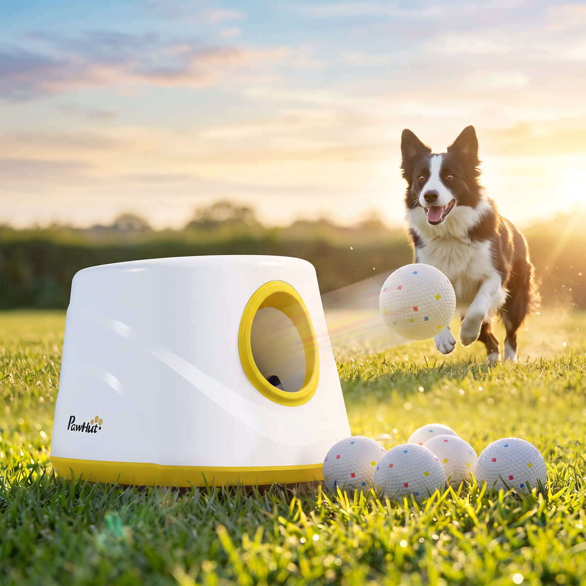 Lanciatore di palline automatico per cani, 6 palline in ETPU da 5,8 cm, 3 distanze regolabili (6/10/14 m), 27x27x18,5 cm, giallo