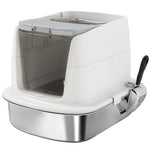 Bac à Litière Fermé en Inox, Couvercle Amovible, Entrée Frontale et Sortie Supérieure, Pelle, 52,4x41,3x39,8cm, Blanc
