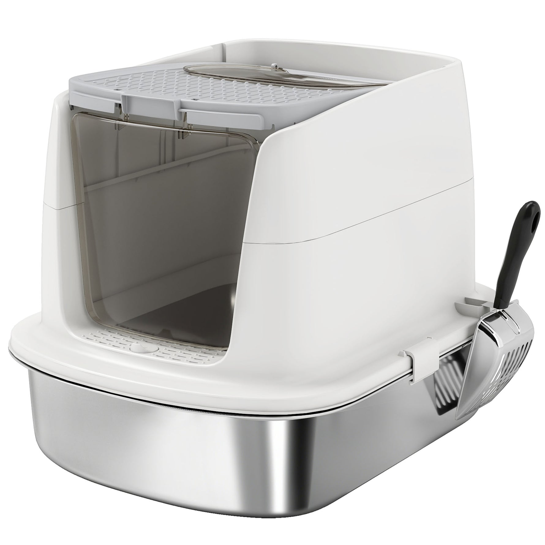 Bac à Litière Fermé en Inox, Couvercle Amovible, Entrée Frontale et Sortie Supérieure, Pelle, 52,4x41,3x39,8cm, Blanc