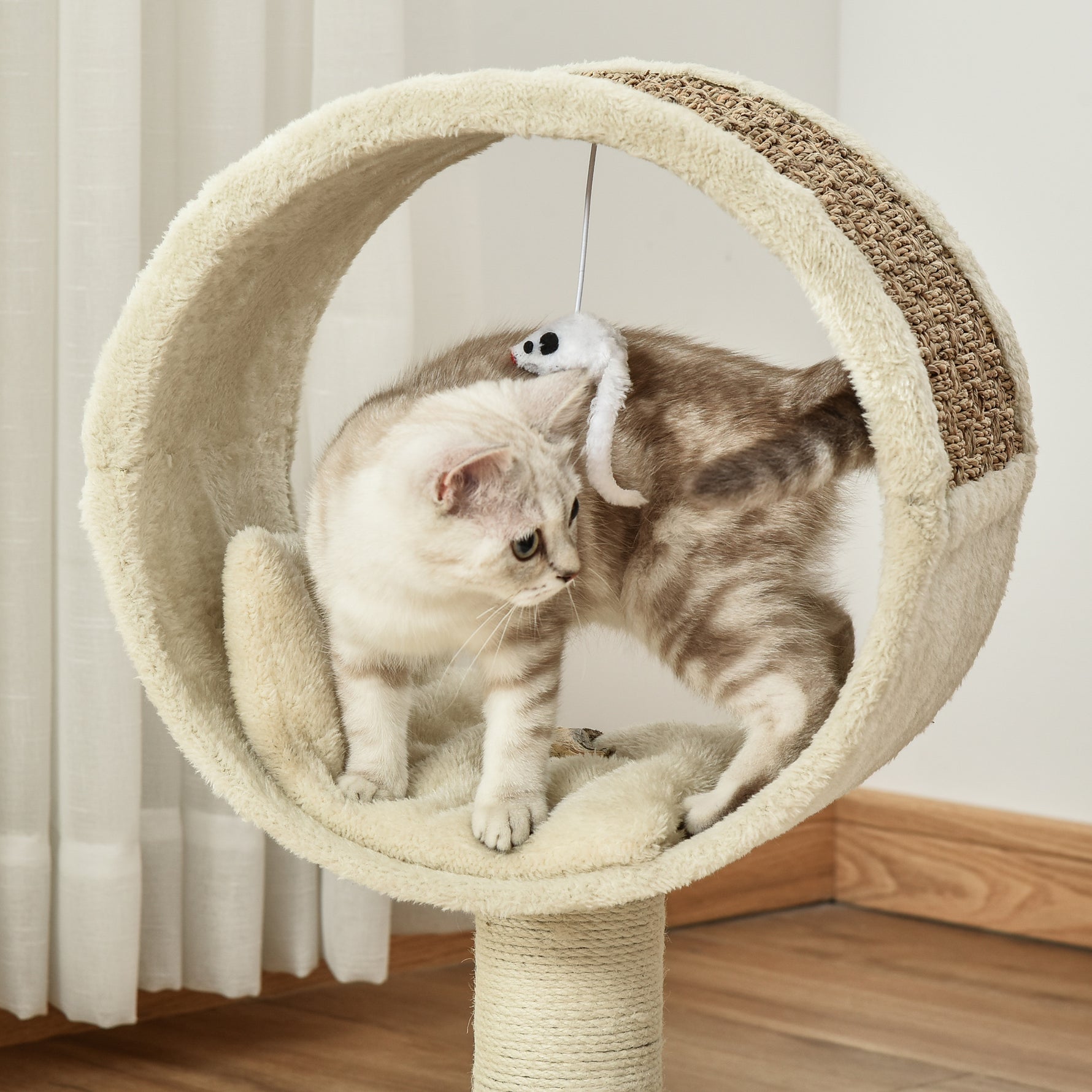 Arbre à chat en cercle avec griffoir en jute et jouet de souris coussin en peluche doux en panneaux de particules 40 x 30 x 56 cm kaki beige café